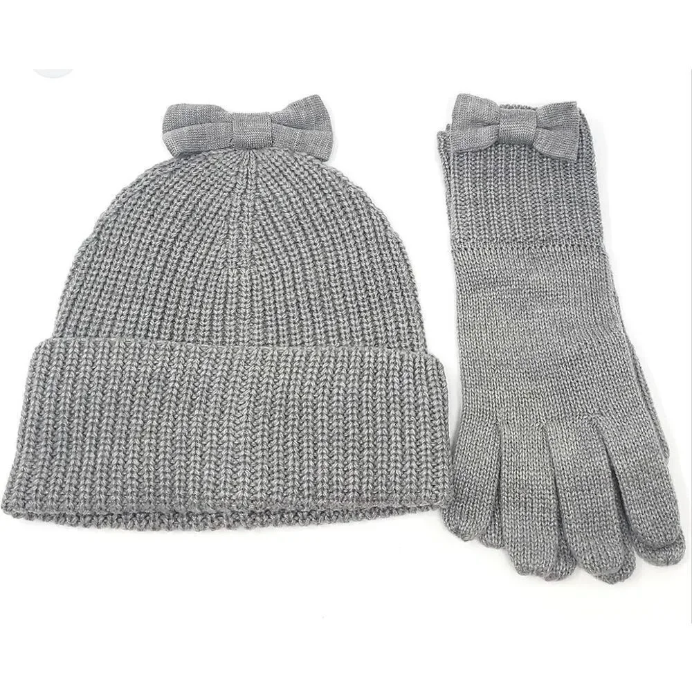 Kate Spade Gray Knit Dorothy Bow Beanie Hat & Gloves - Bow Fancy Warm GUC